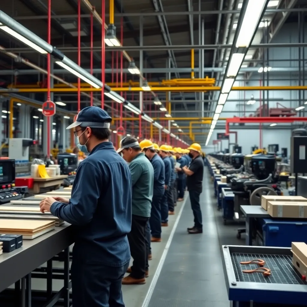 Fábrica de manufactura argentina con trabajadores en línea de producción
