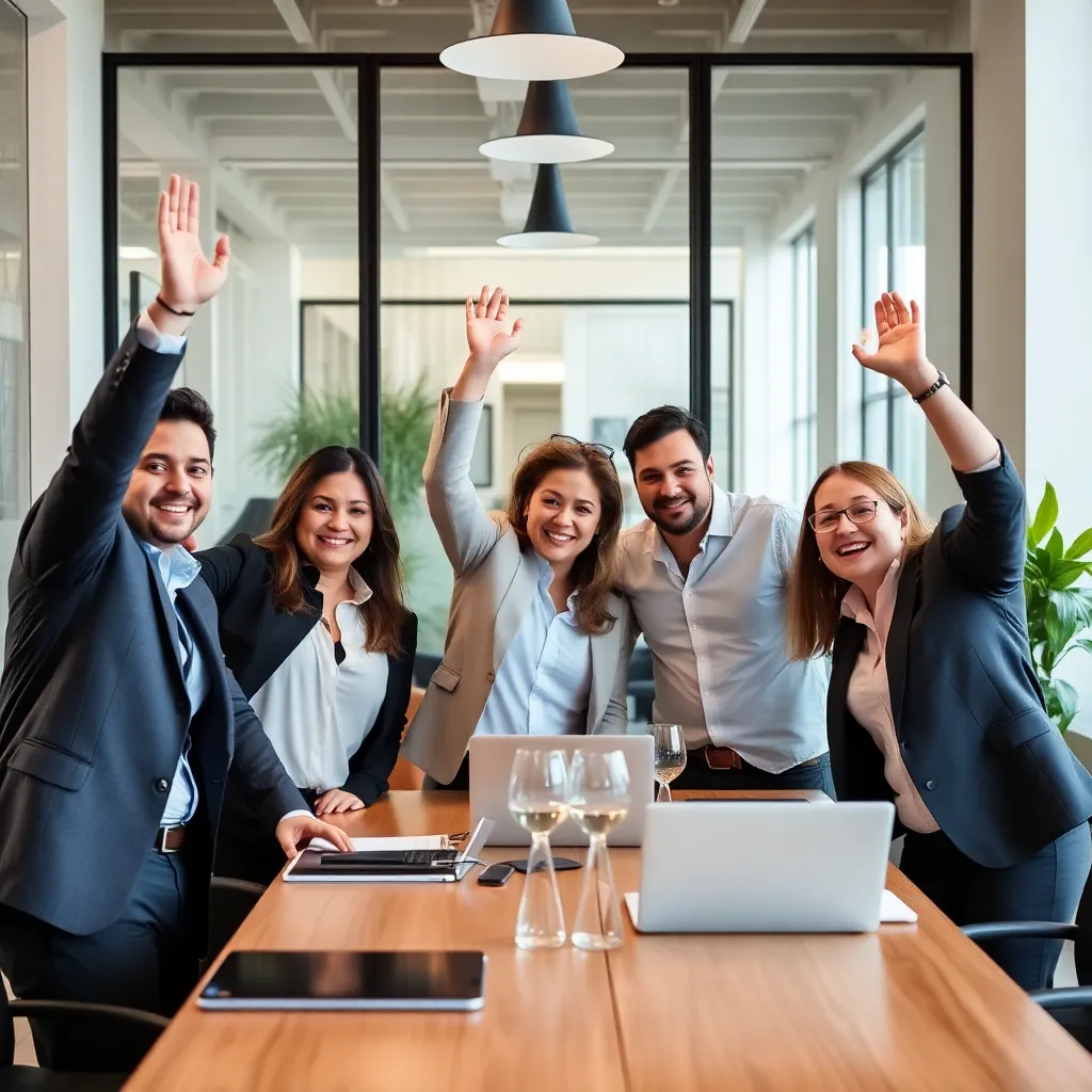 Consultores celebrando resultados exitosos con clientes en Buenos Aires