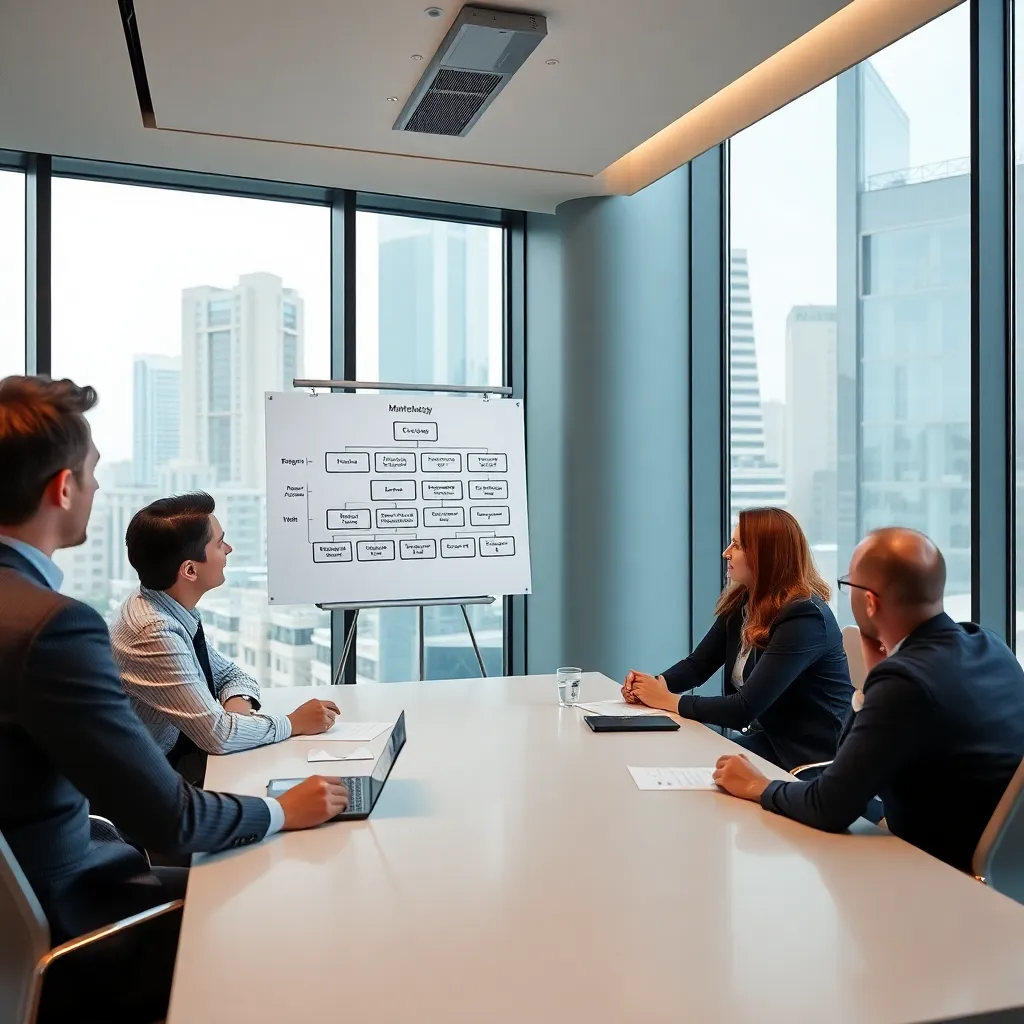 Consultores presentando metodología de trabajo a clientes en oficina moderna